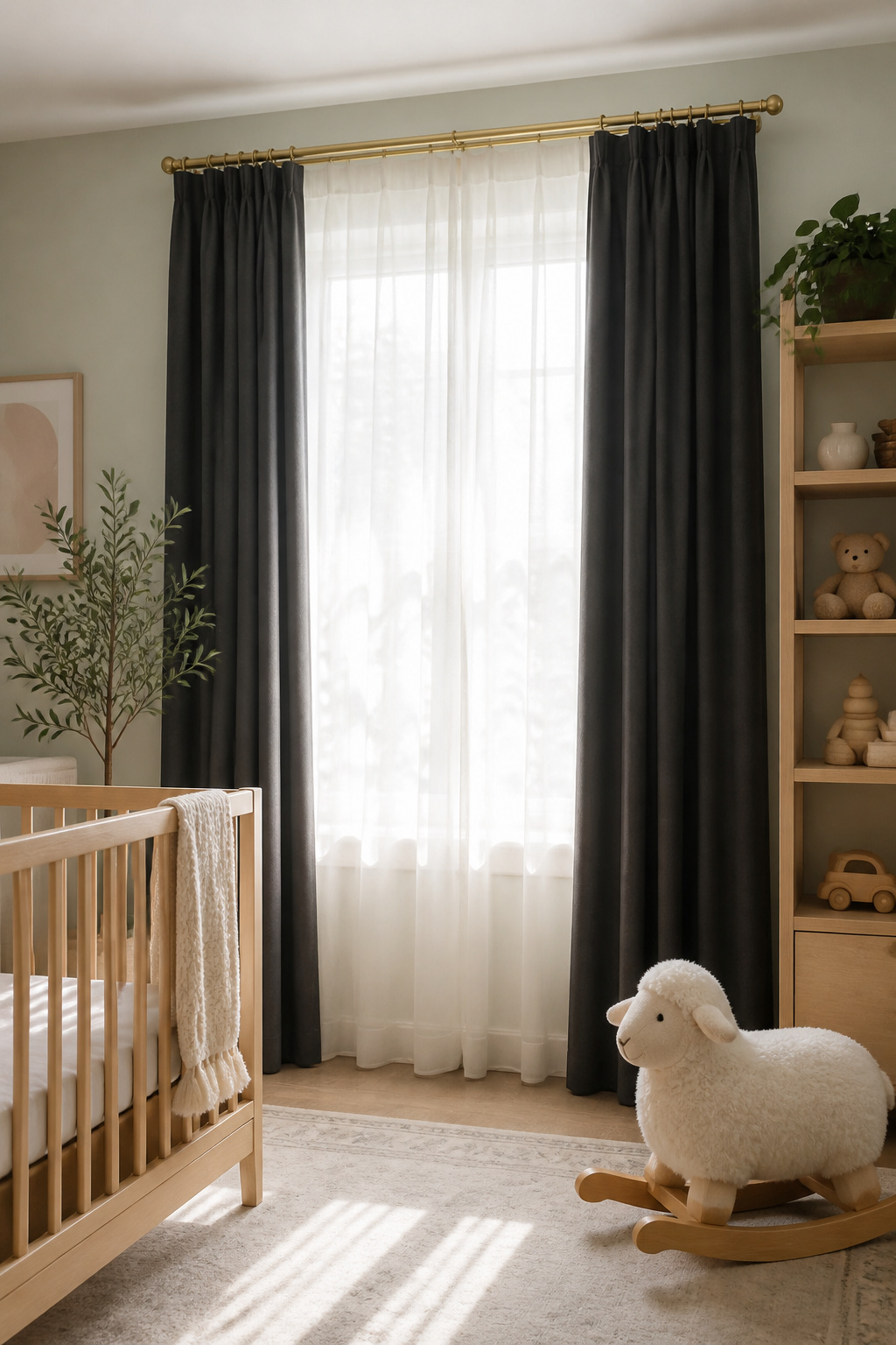 Charcoal linen-look panels paired with sheer curtains in a nursery.