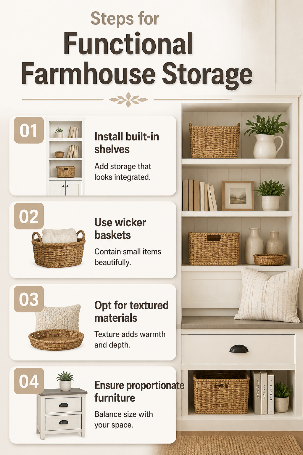 Farmhouse bedroom with built-in shelves flanking the bed.