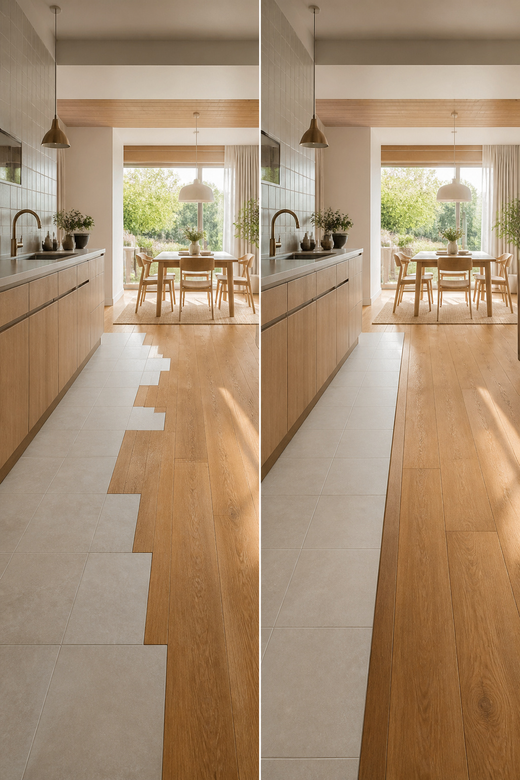 Open kitchen with mixed flooring materials for functional zoning.