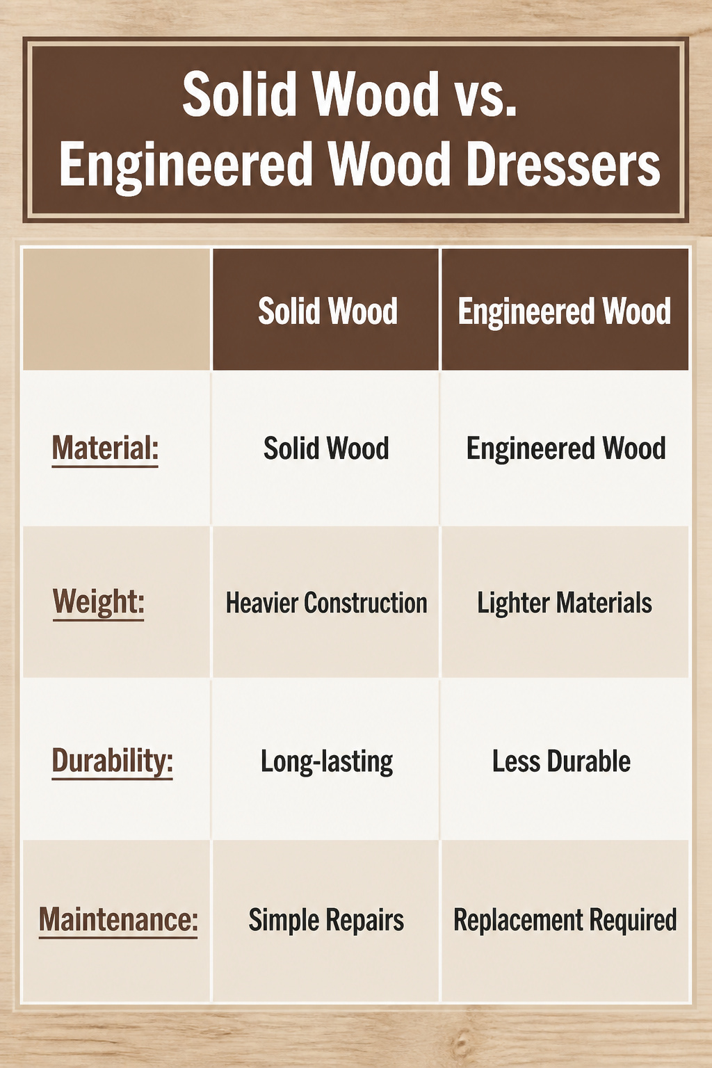 Comparison of solid wood and engineered wood dressers.