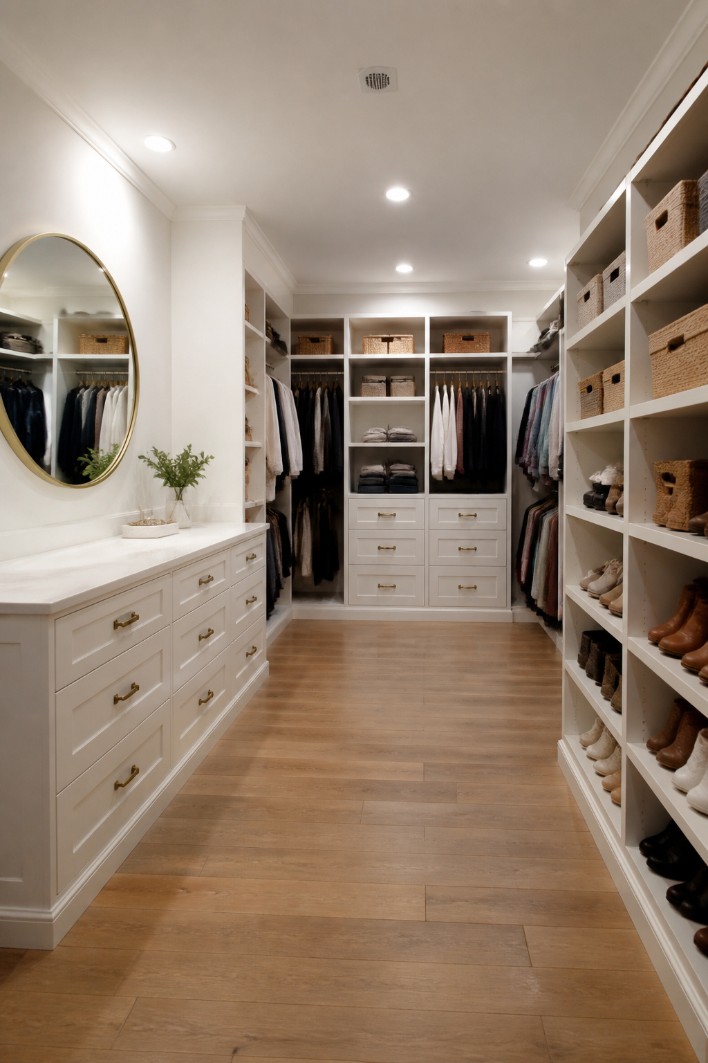 A closet with hanging rods at different heights.