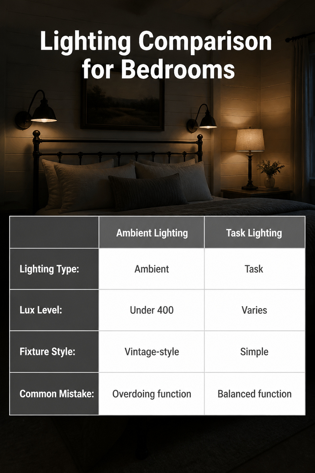 Farmhouse bedroom with ambient lighting and task fixtures.