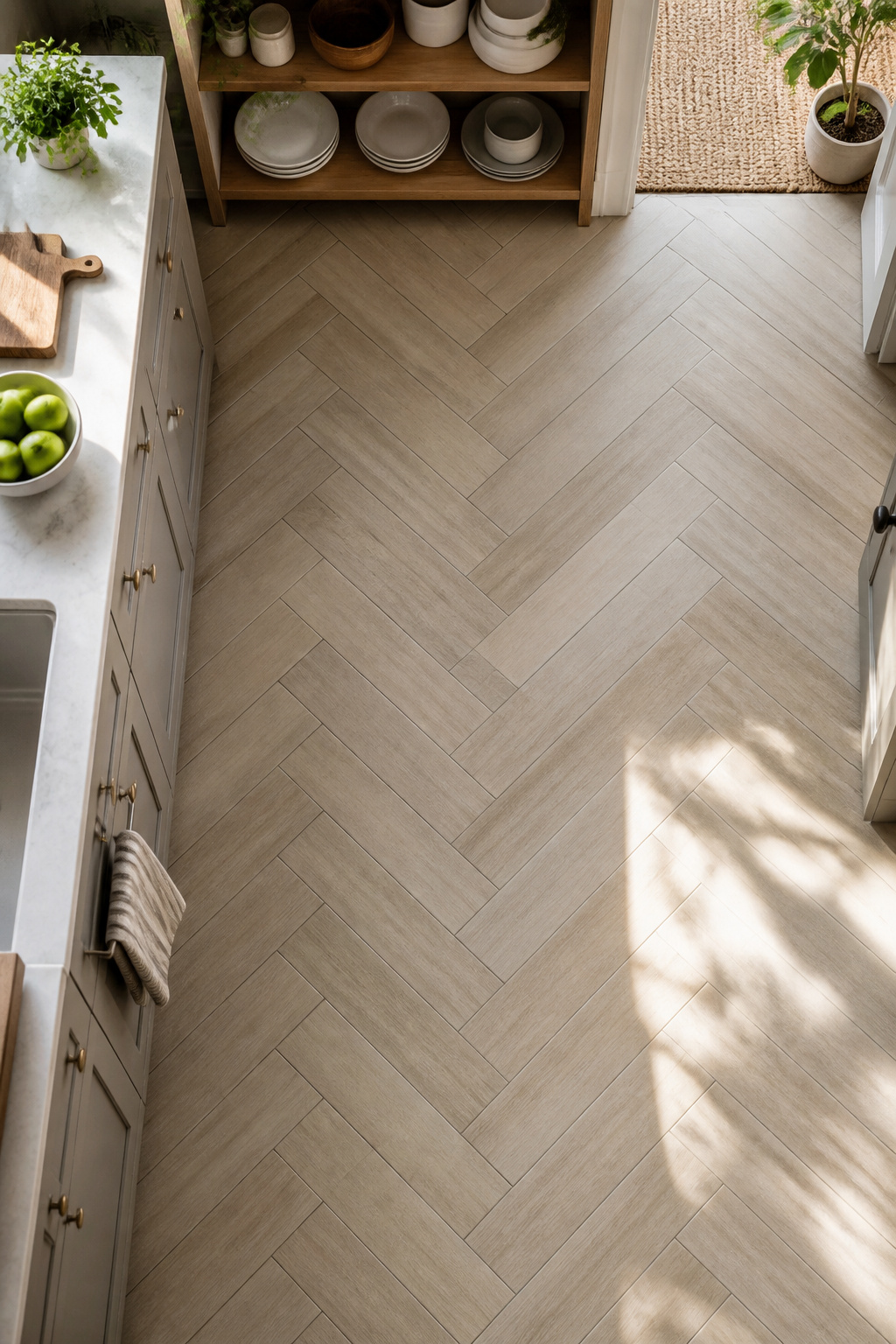 Kitchen floor featuring herringbone layout with wooden planks.