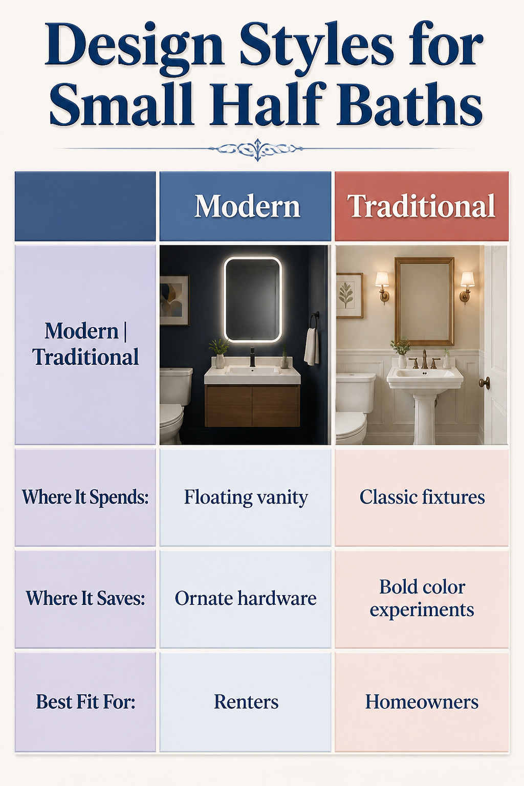 11 Half Bath Renovation Ideas for Style on a Budget (2026) 15 A chart detailing various design styles for small half baths.