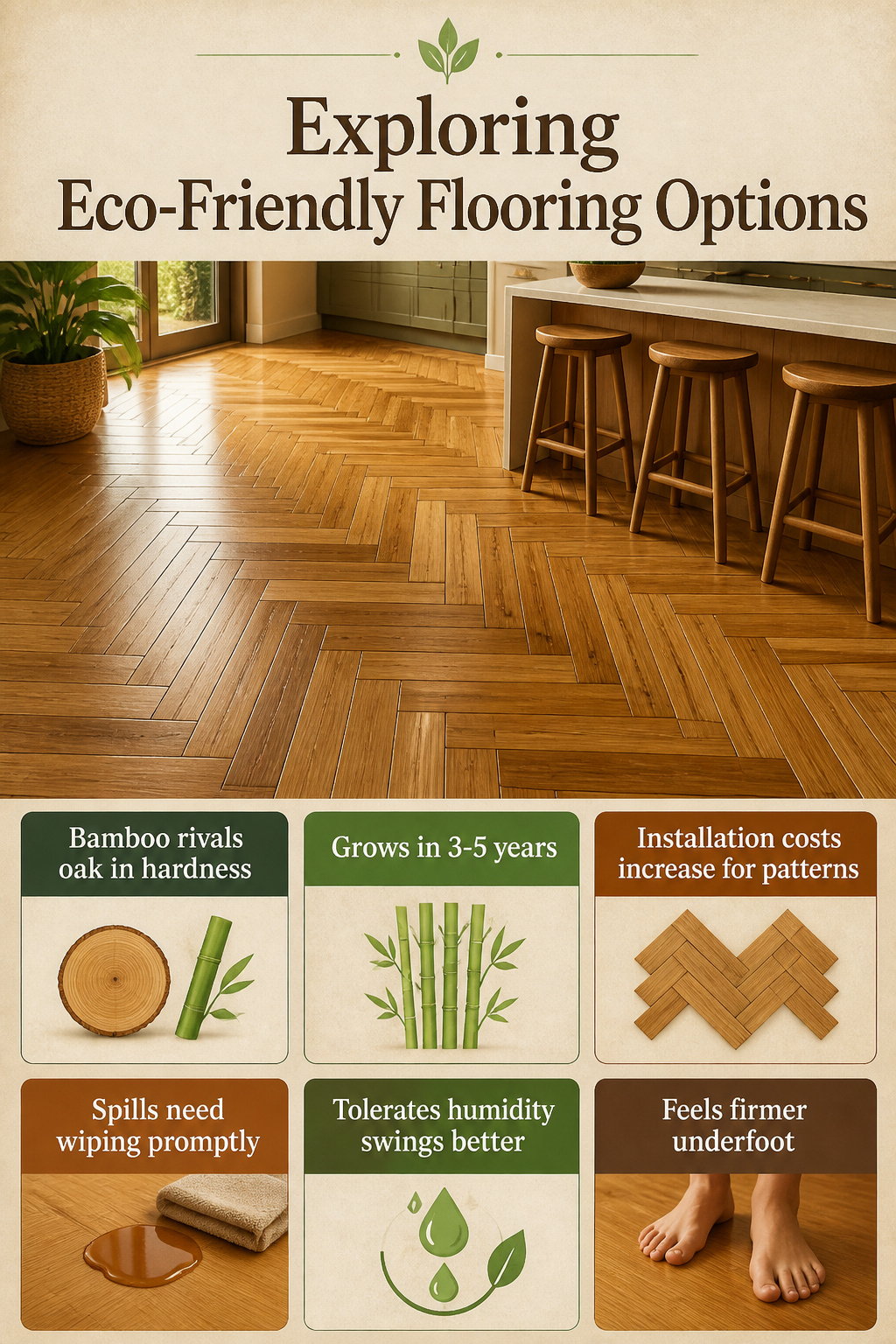Kitchen showcasing bamboo flooring in a herringbone pattern.