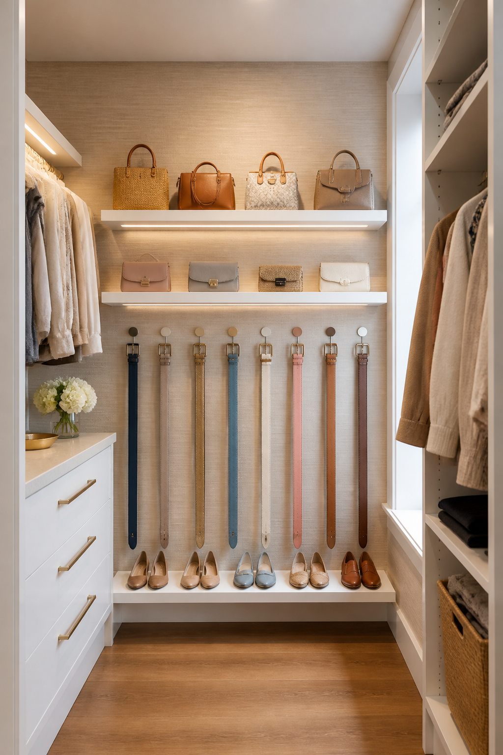 A walk-in closet with decorative wallpaper and organized shelving.