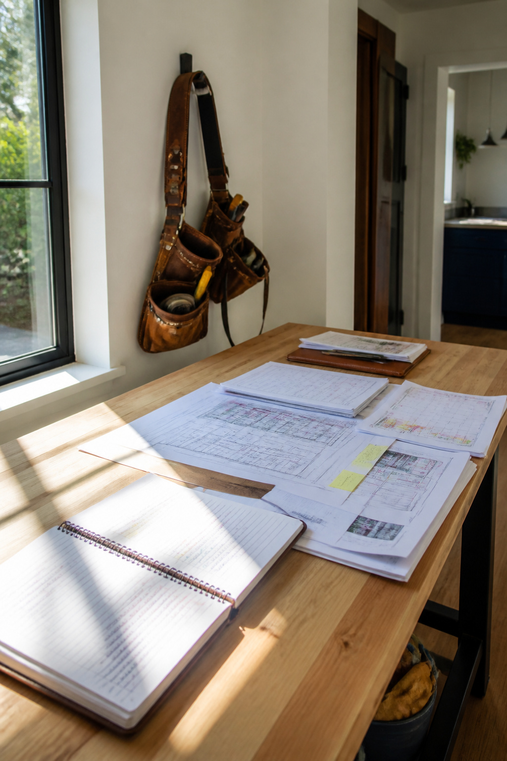 A workspace with renovation documents and communication notes.