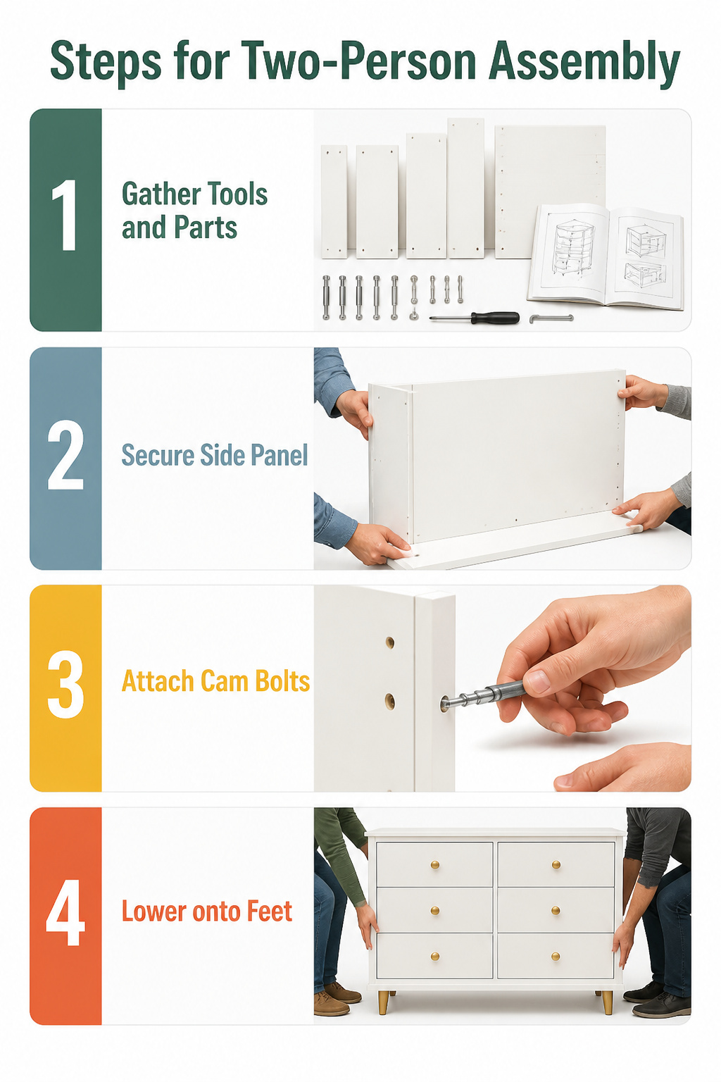 Instructions for two-person assembly of a heavy dresser.