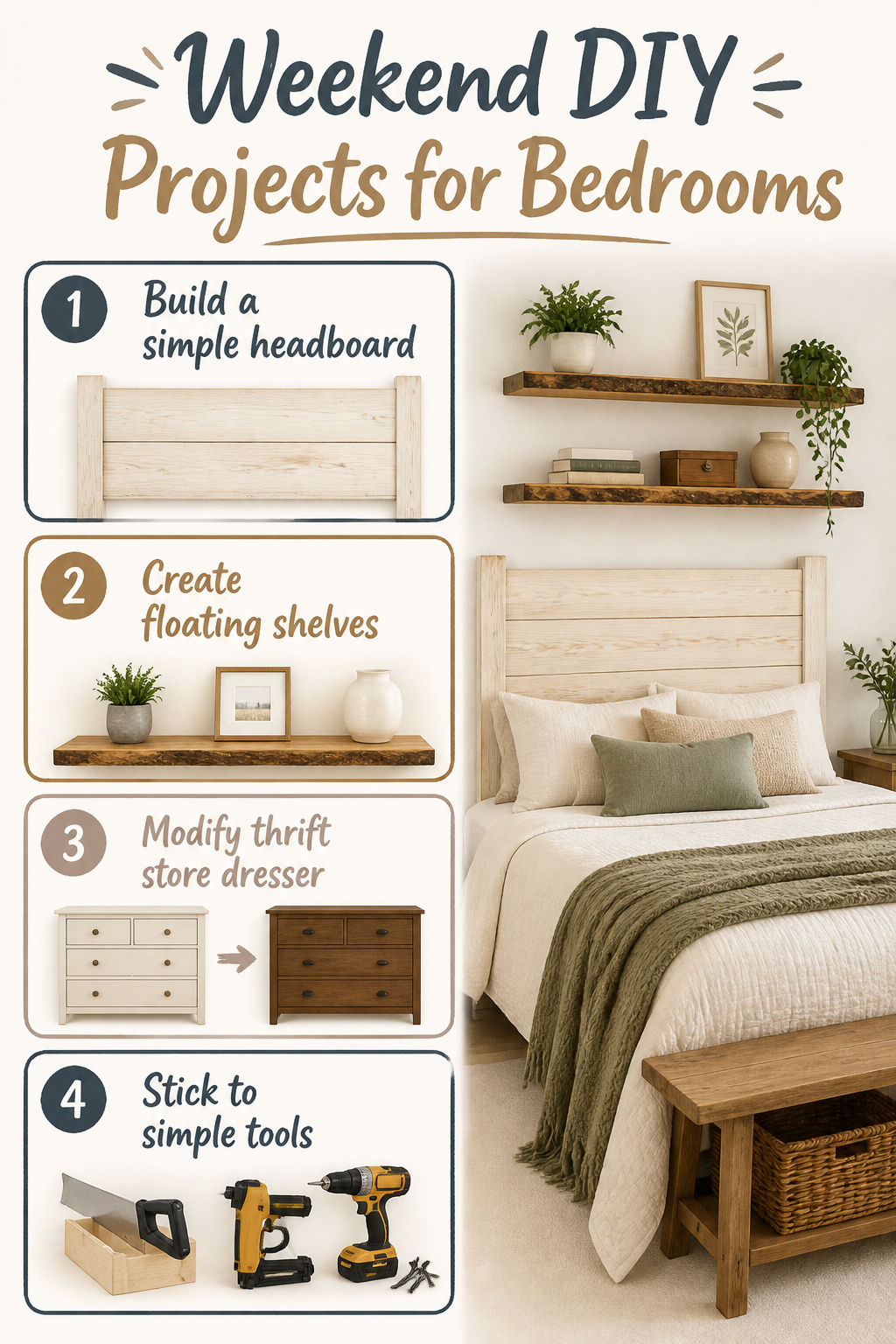 DIY project ideas for refreshing a farmhouse master bedroom.