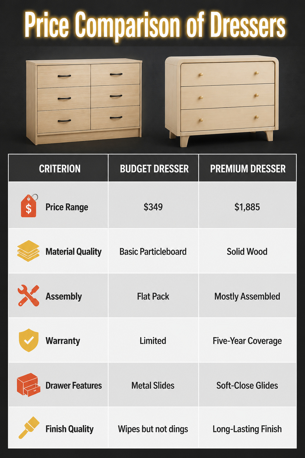 Price comparison of various family dressers.