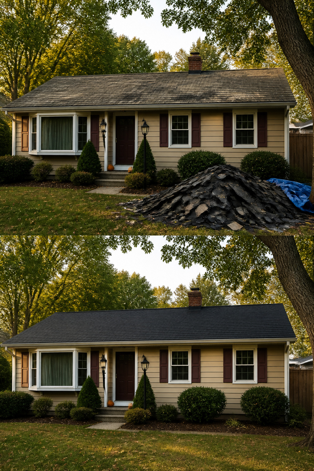 A roof covered with freshly installed asphalt shingles.