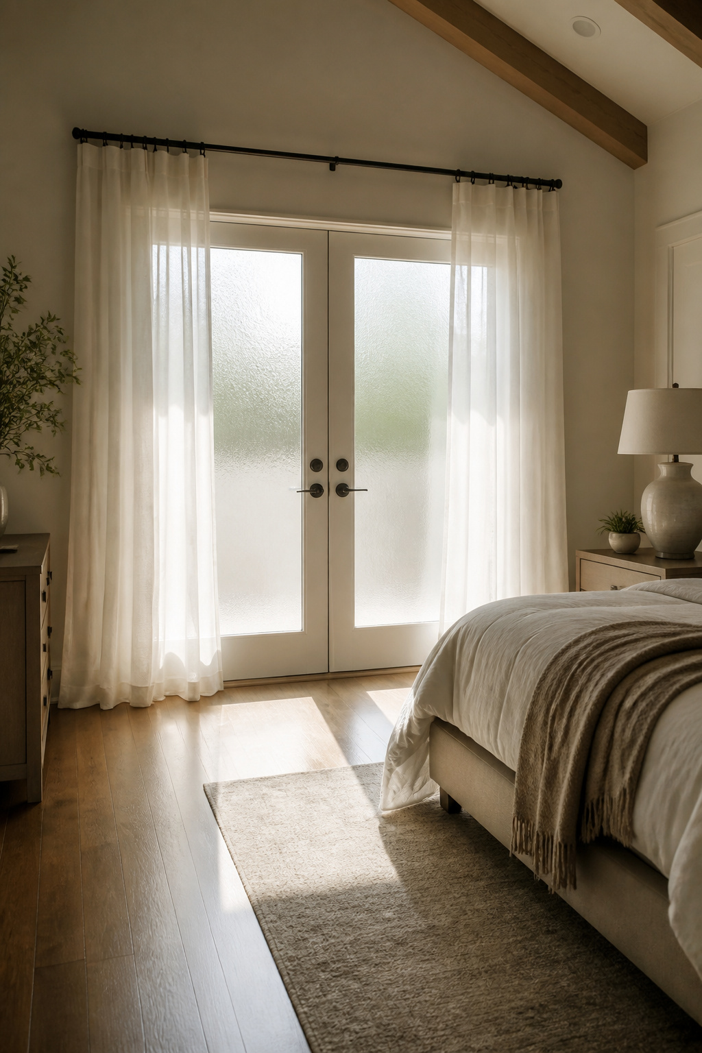 A pair of French doors with frosted glass panels lead to a balcony.