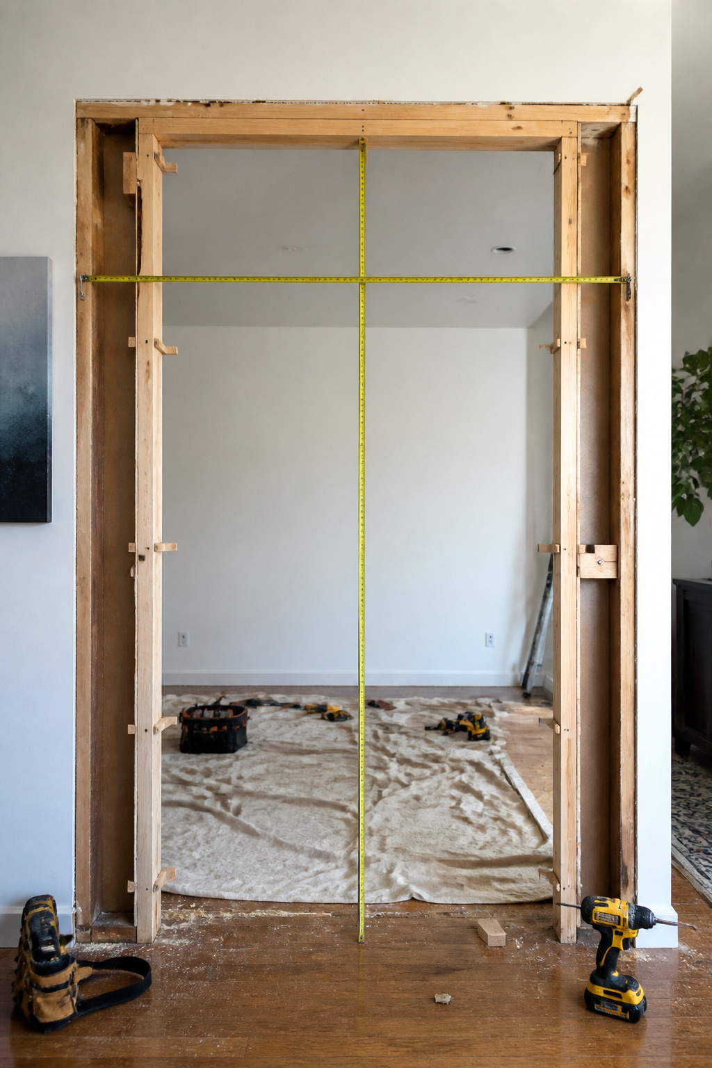 Tape measure extended across the rough opening for a French door.