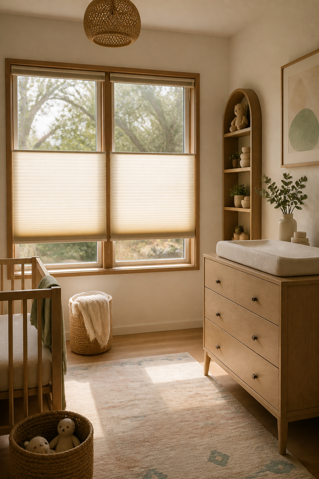 Cordless cellular shades drawn halfway in a nursery.