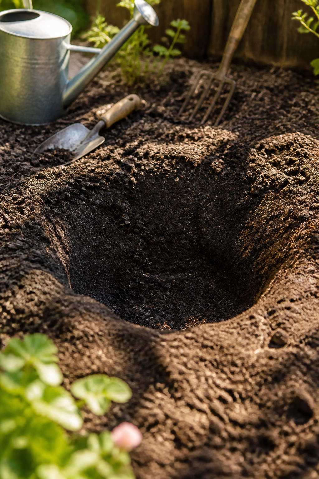 A freshly dug planting bed with dark, moist soil ready for planting.