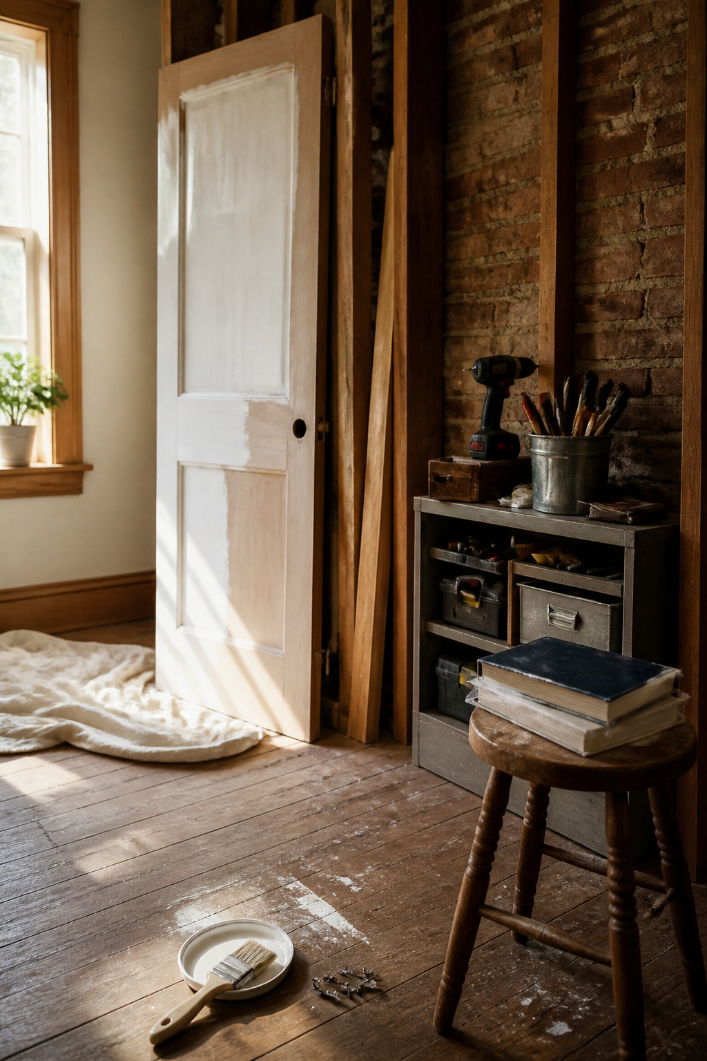 An old house corner with exposed brick, wooden beams, and renovation tools.