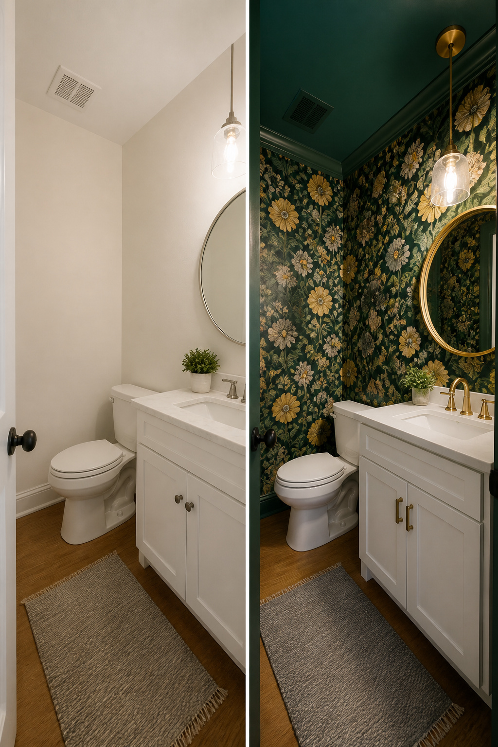 11 Half Bath Renovation Ideas for Style on a Budget (2026) 2 A half bath featuring vibrant wallpaper and a deep paint color.