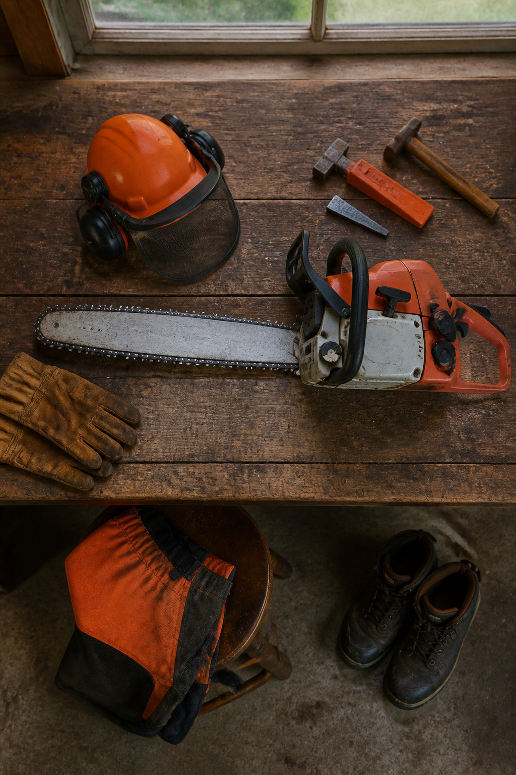 A chainsaw with safety equipment laid out for felling.
