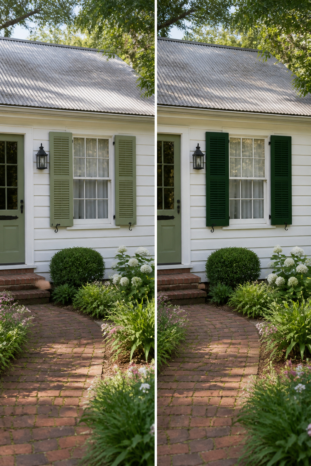 Home exterior with Essex Green shutters against a light background.
