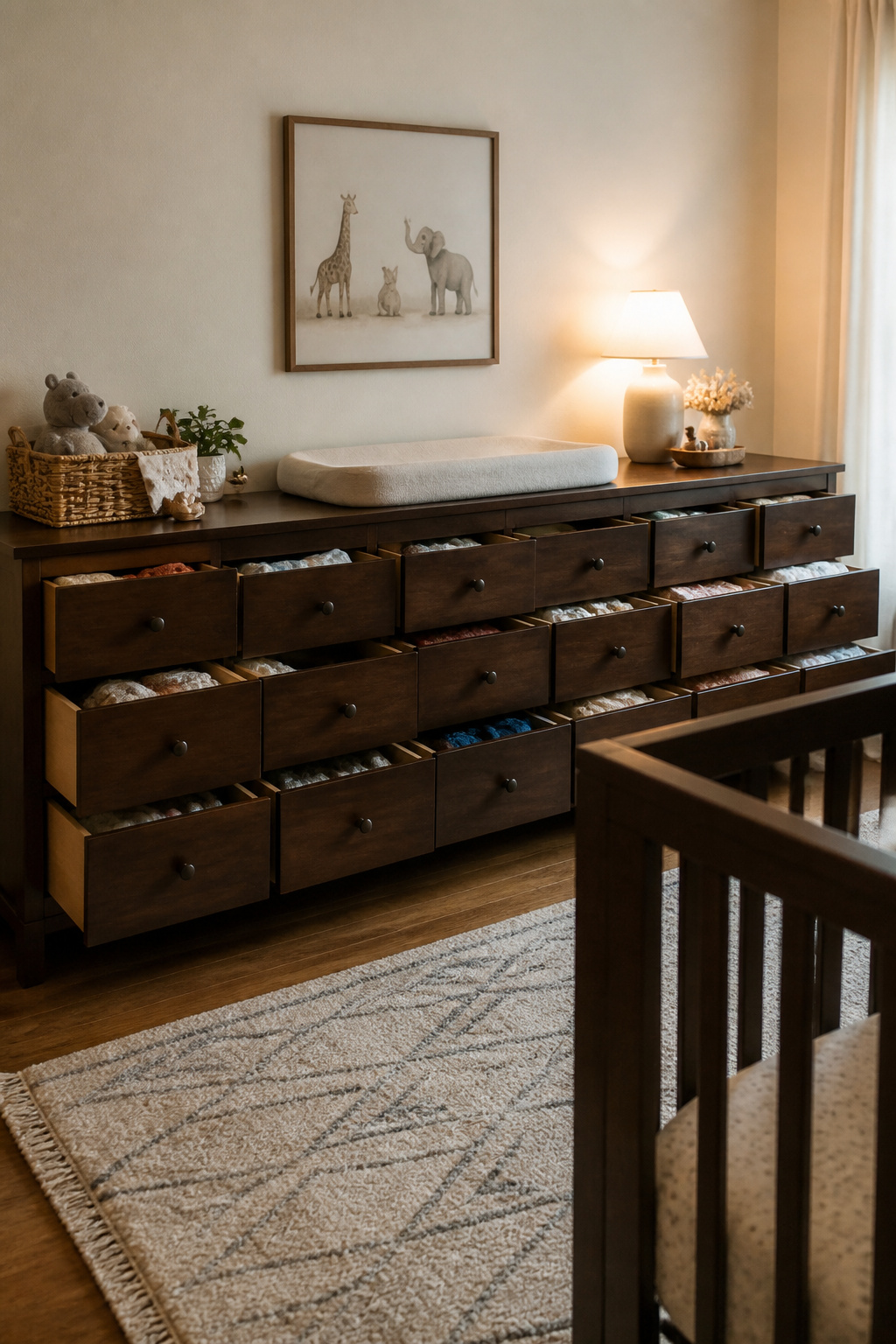 Wide Newport B5430-20 dresser displaying baby clothes in a nursery.