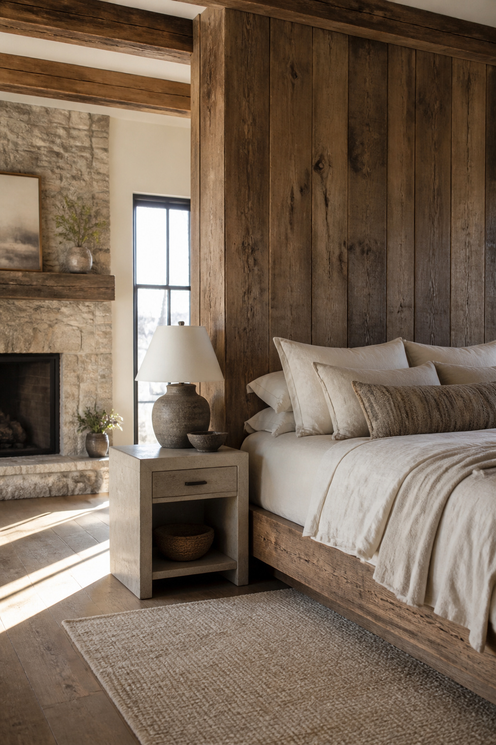 Farmhouse bed made from reclaimed barn wood with a stone nightstand.
