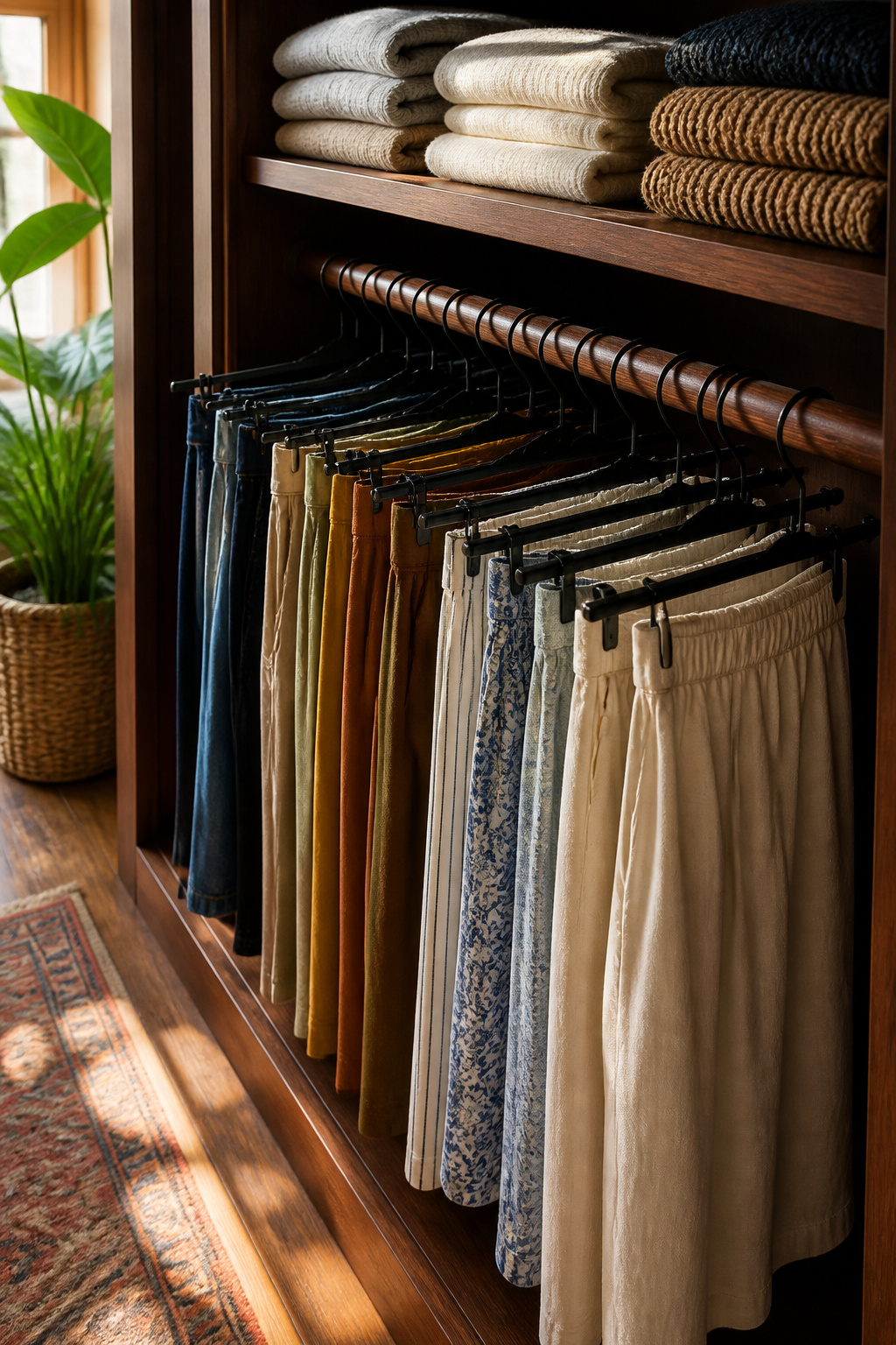 Open-ended pant hangers displaying neatly arranged pants and skirts.
