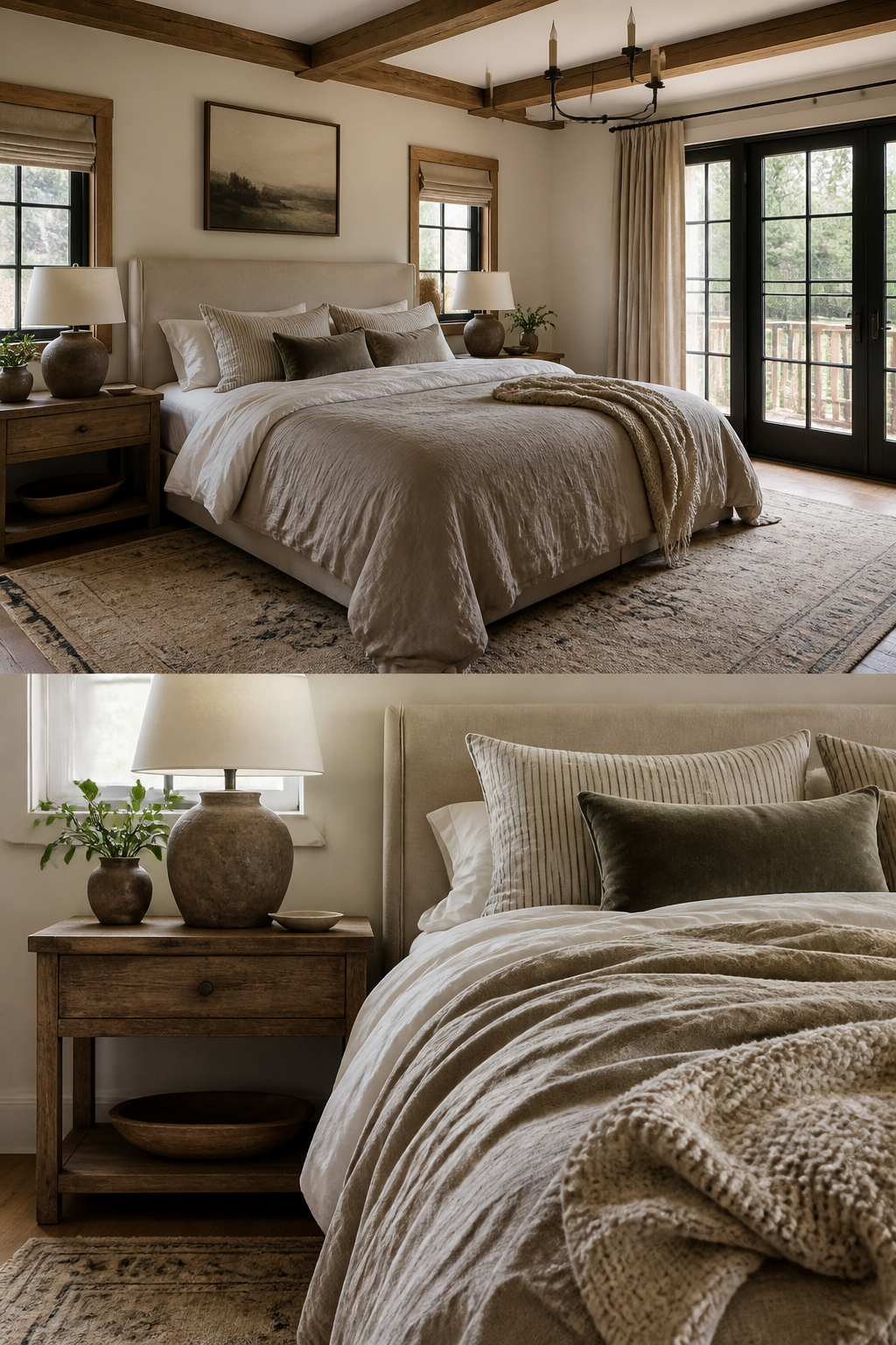Farmhouse bed with layered textures including cotton sheets and a chunky knit throw.