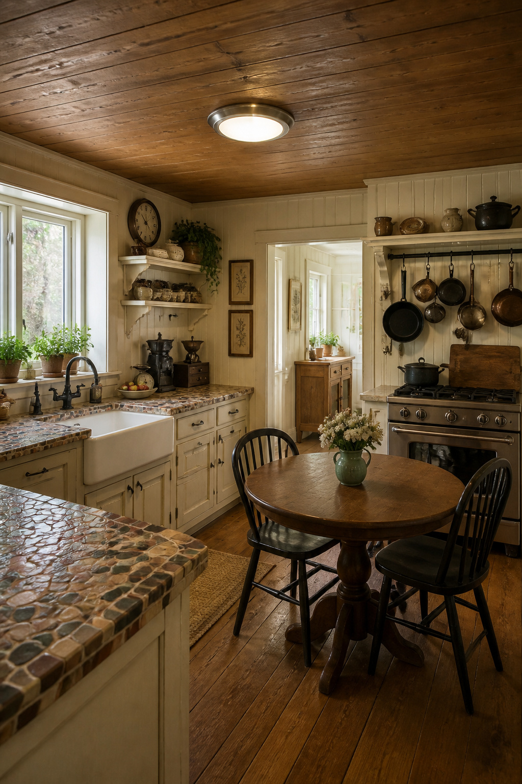Farmhouse Kitchen Ceiling Lights: 6 Ideas for Every Style 3 Flush mount ceiling lights installed in a kitchen.