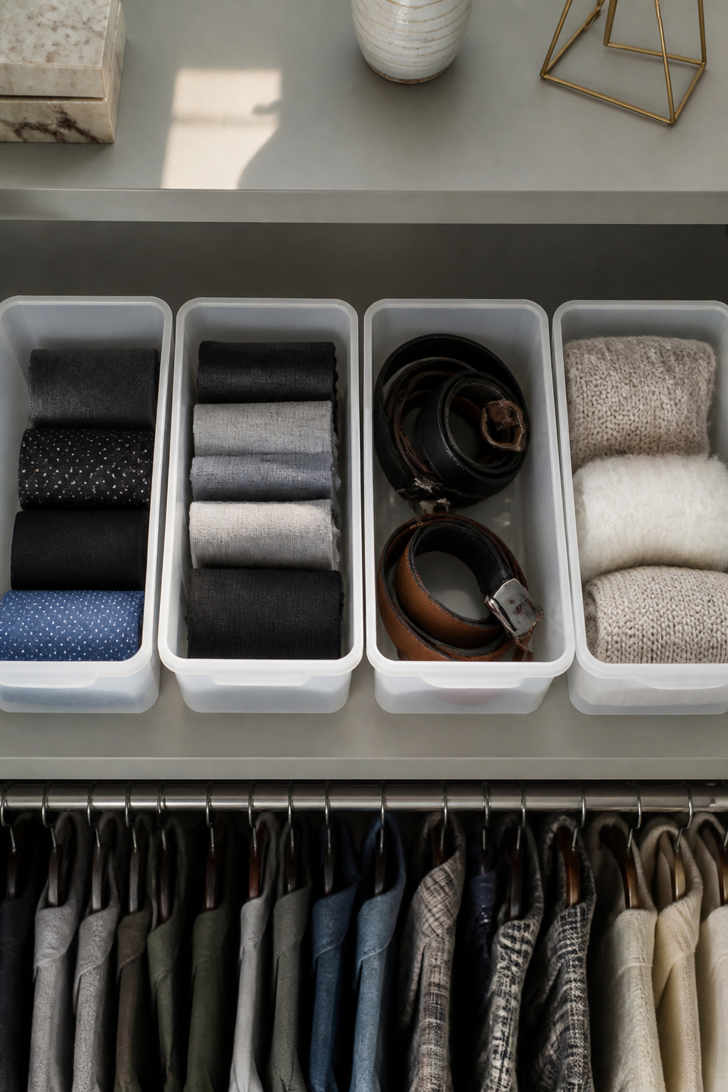 Identical storage bins neatly arranged on a closet shelf.