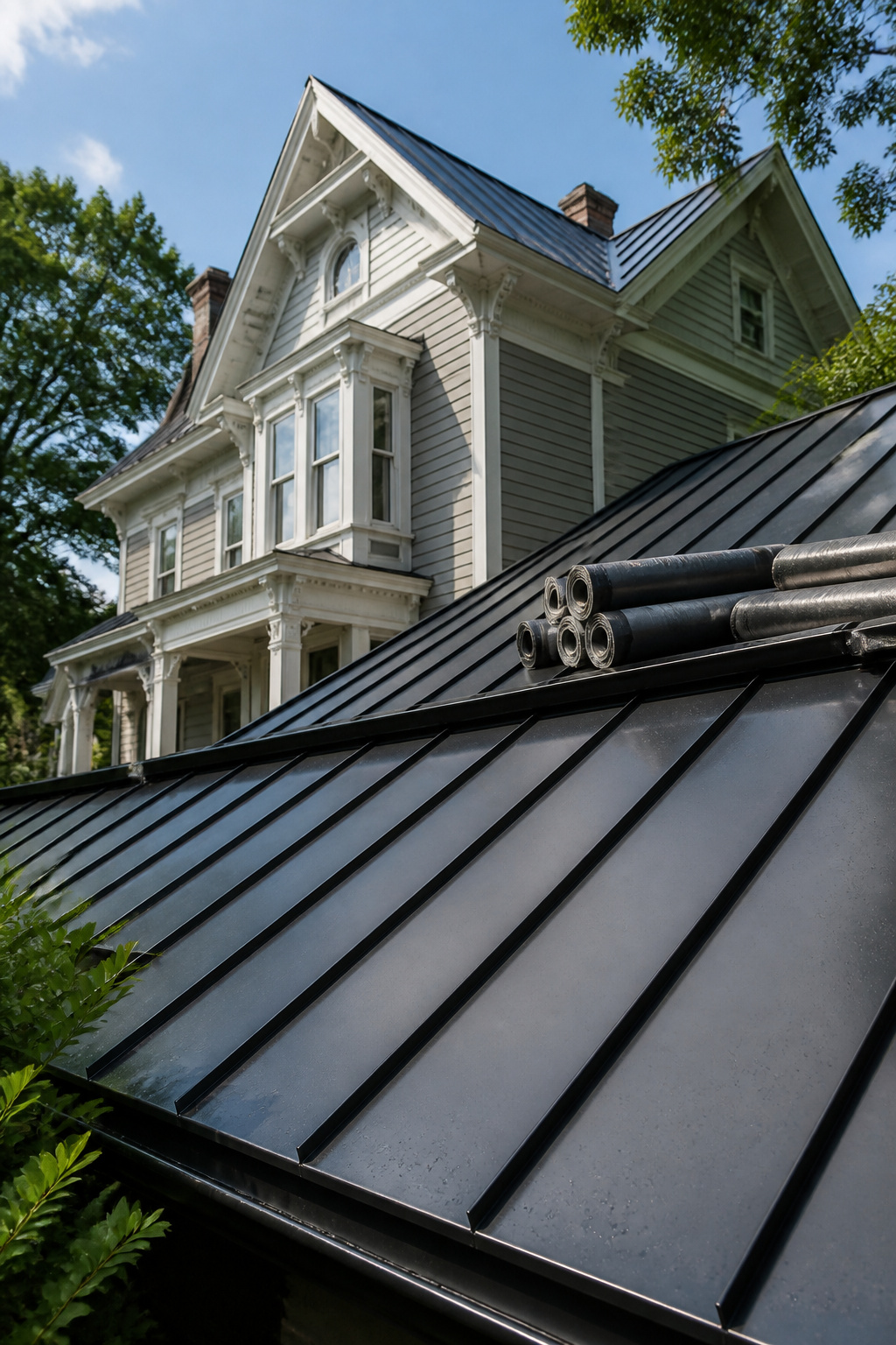 A standing seam metal roof with interlocking seams and raised ribs.