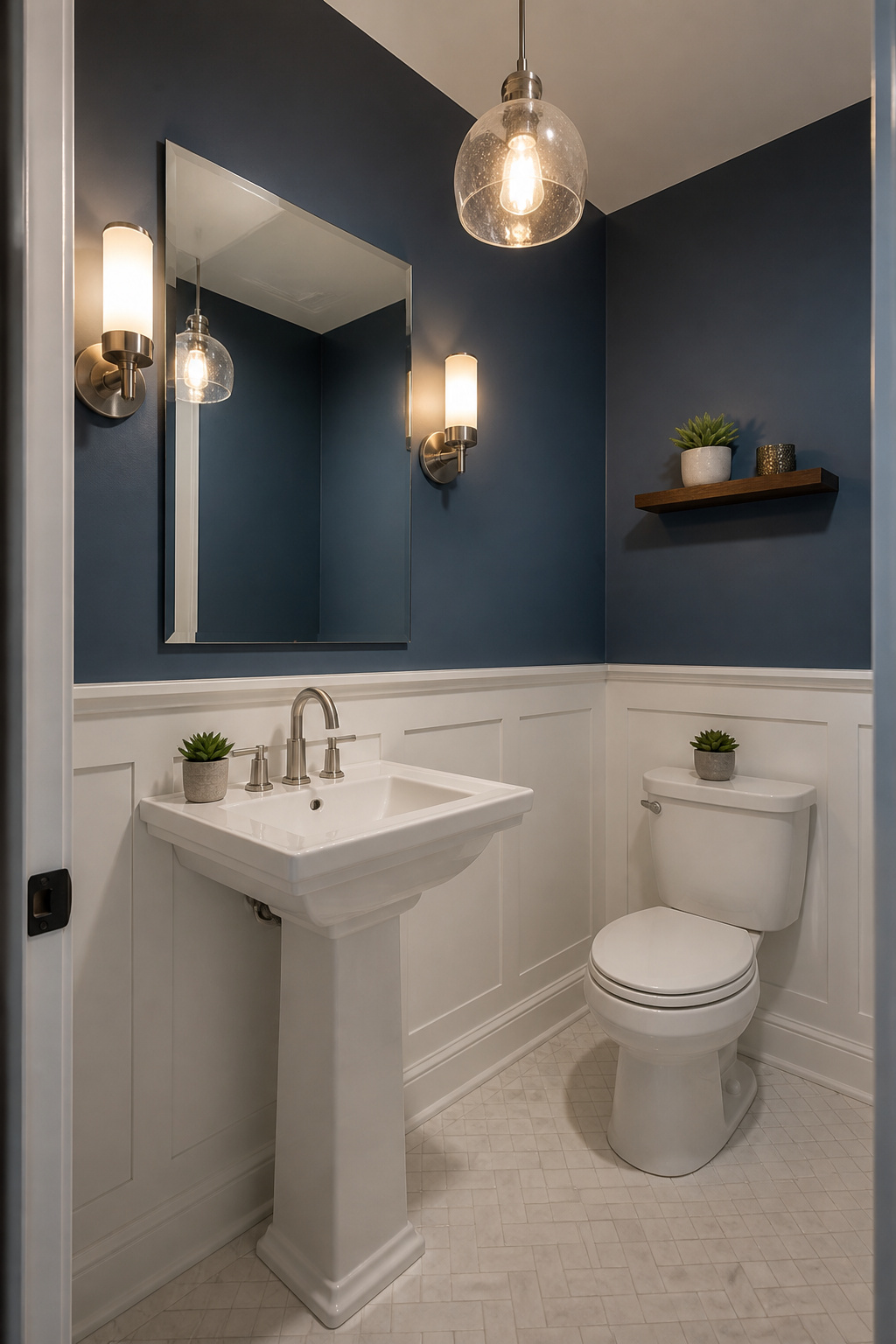 11 Half Bath Renovation Ideas for Style on a Budget (2026) 3 A half bath with side sconces flanking a large mirror and a pendant light.