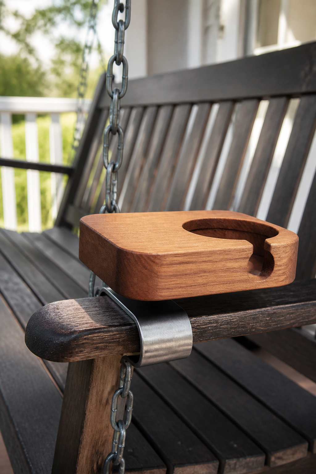 Eucalyptus Porch Swing Wine Glass Holder: Tray Table and Clamp Design 3 Eucalyptus tray demonstrating the hidden spring clamp on a swing arm.