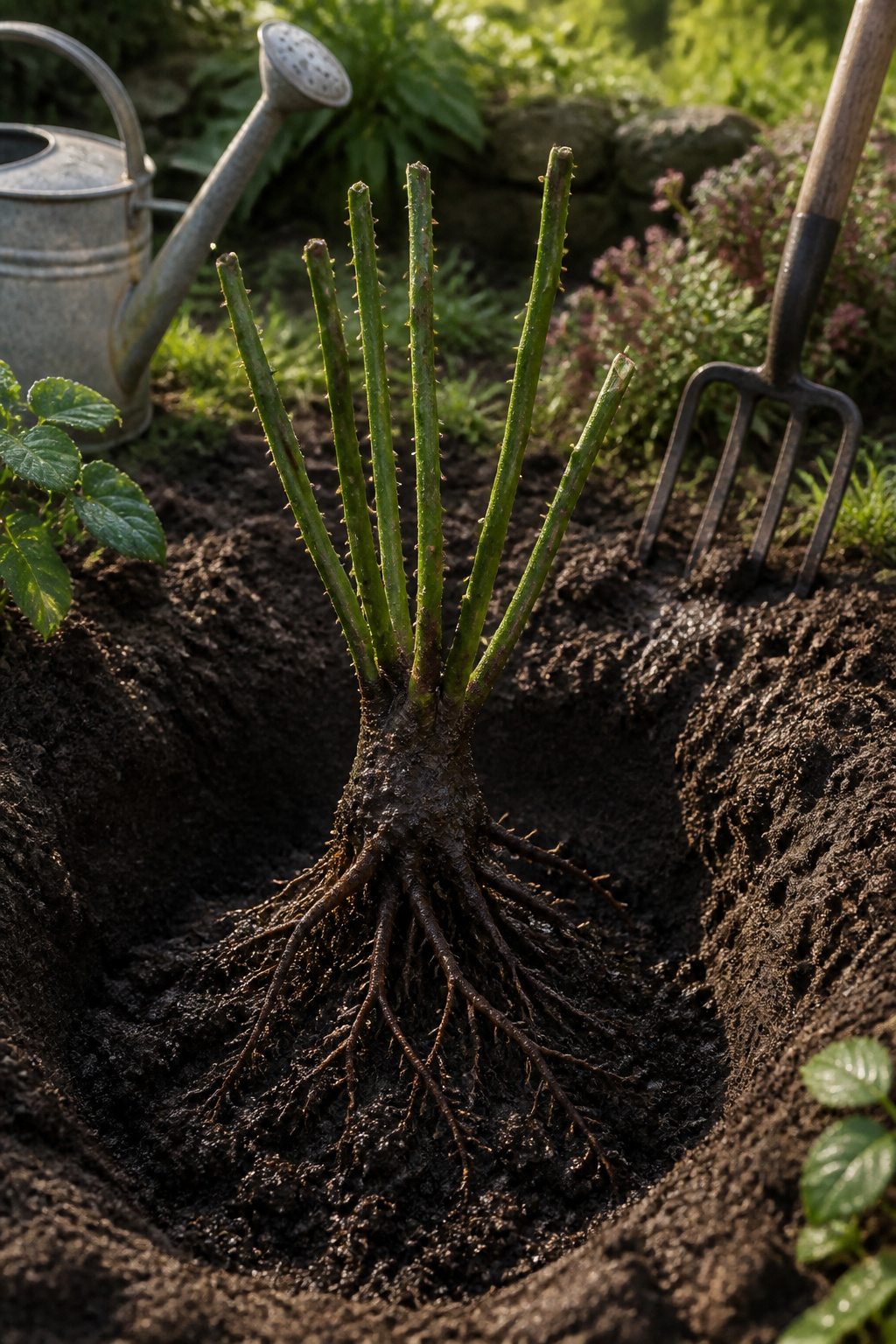 A bare-root New Dawn rose soaking in water in preparation for planting.