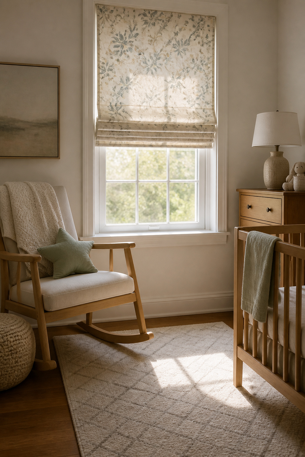 Elegant Roman shades with floral design in a nursery.