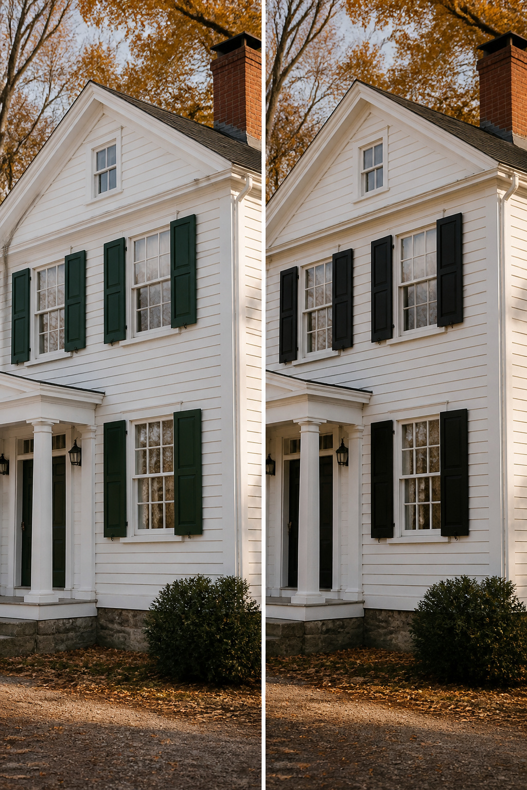 Building with Black Forest Green shutters blending into the surroundings.