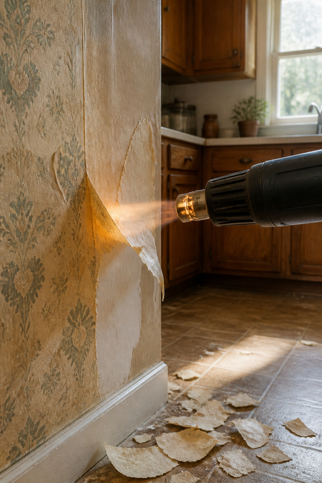 Heat gun in motion aimed at wallpaper, with edges lifting.