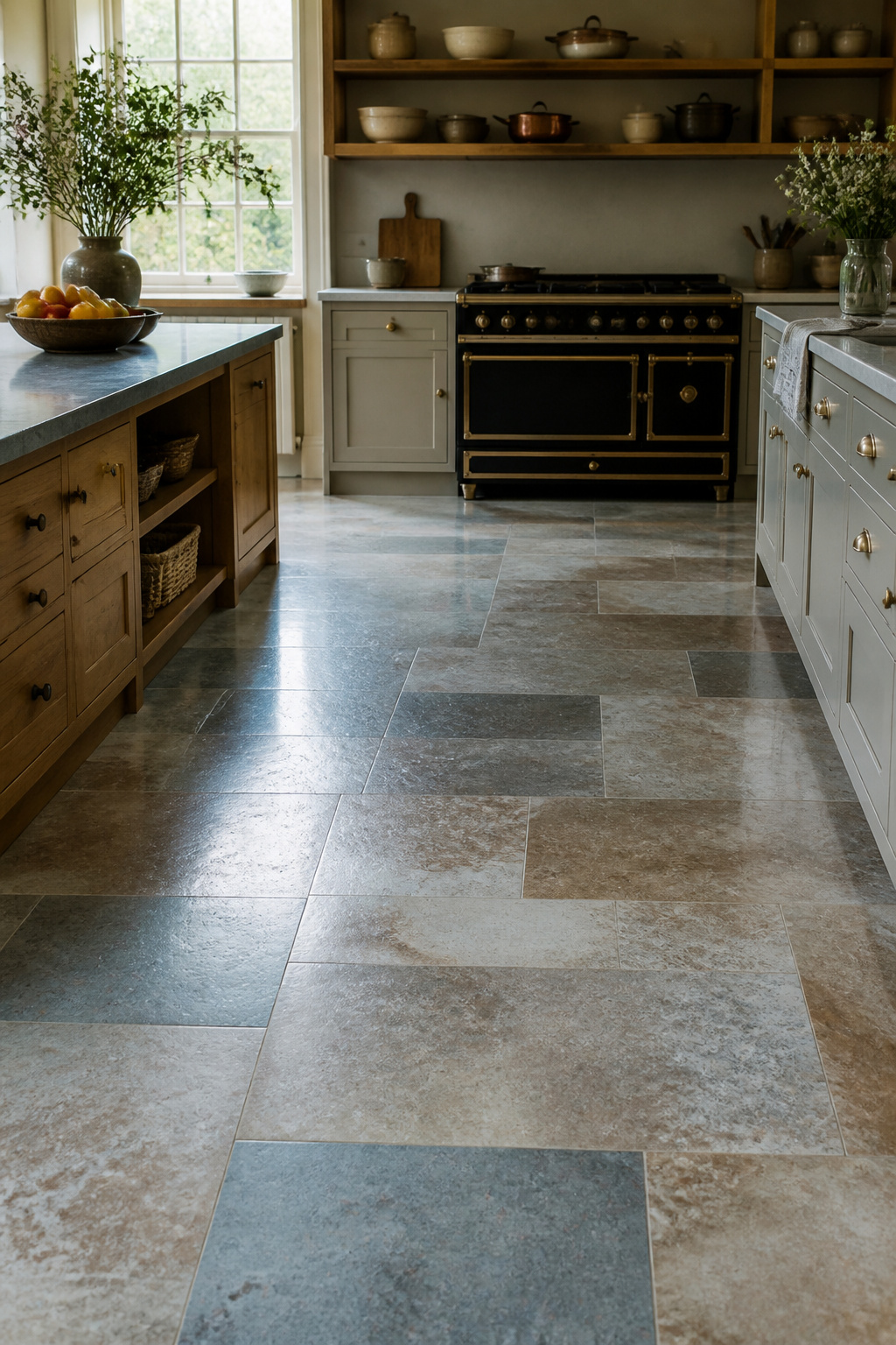 Kitchen with glazed ceramic tiles in soft matte finish and rich color variations.