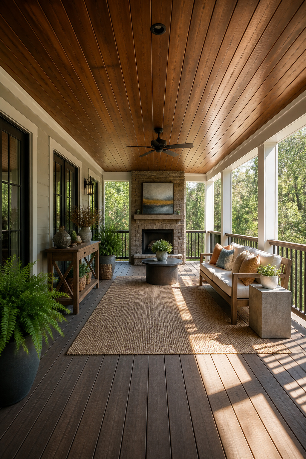 Tongue-and-groove cedar wood ceiling in an elegantly designed porch.