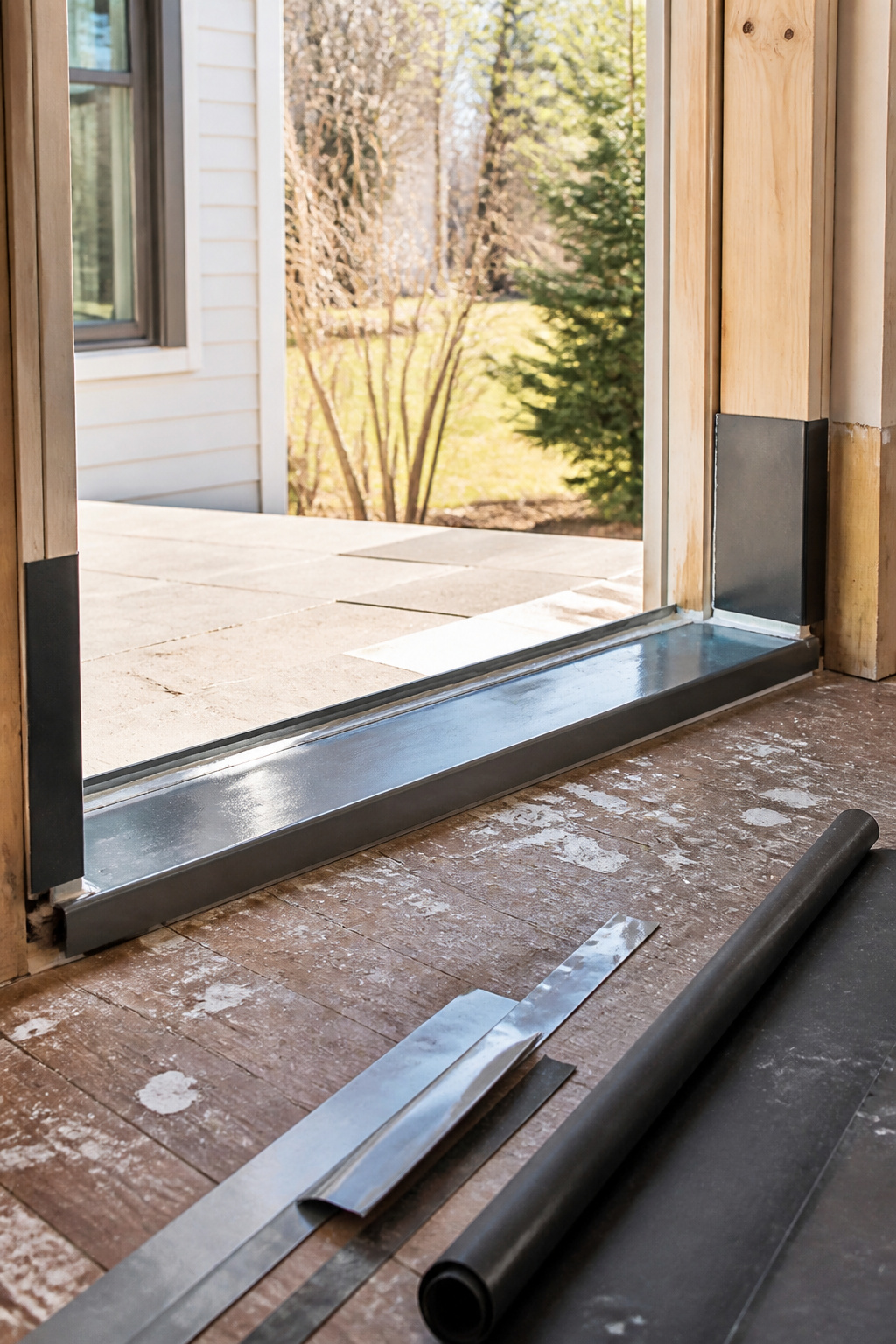 Metal sill pan fitted in the rough opening with sealant applied.