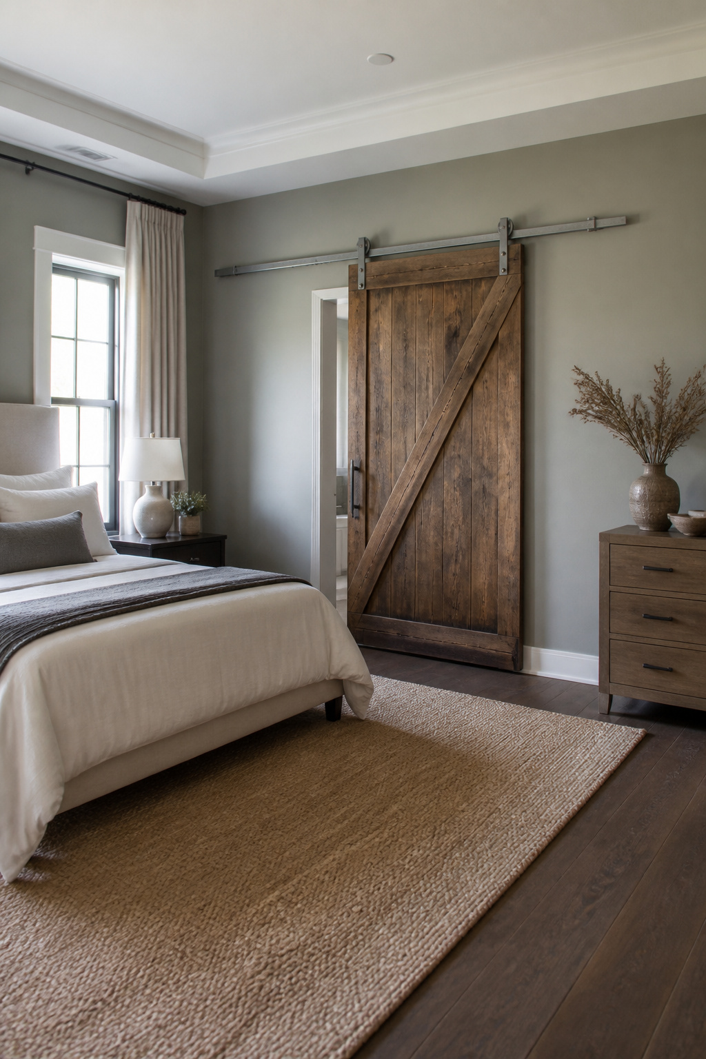 A barn door made of reclaimed wood is shown in a master bedroom.