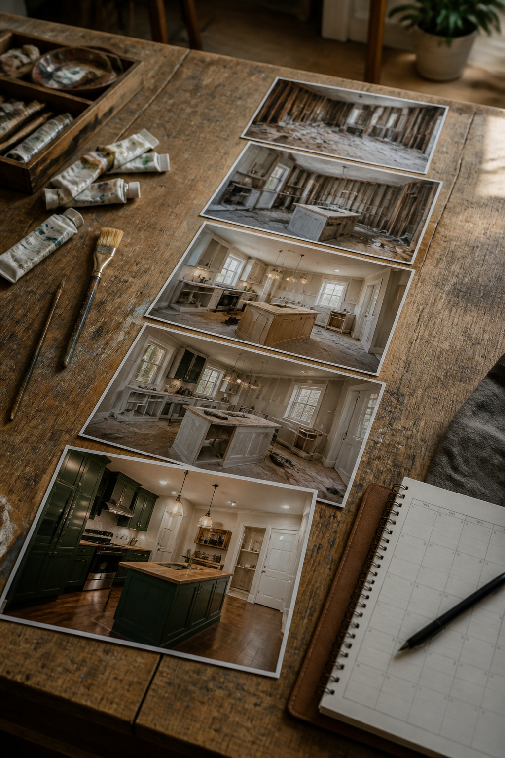 A timeline of weekly photos showing kitchen renovation progress.