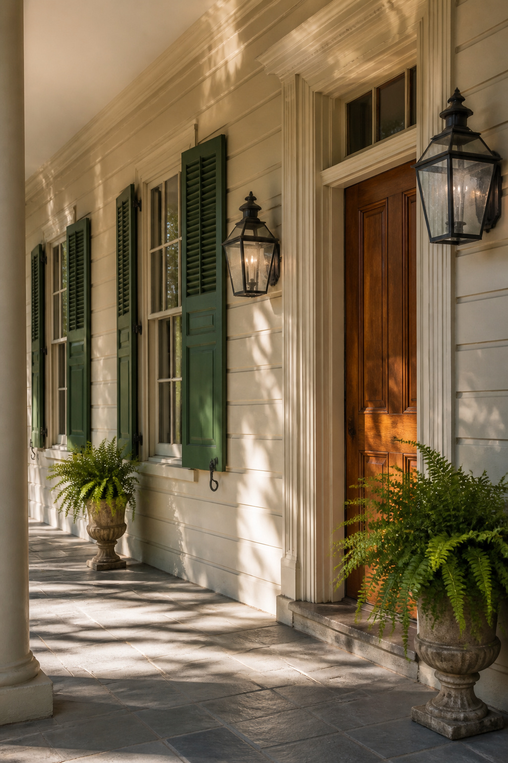 Historical building featuring Dard Hunter Green shutters and beige siding.