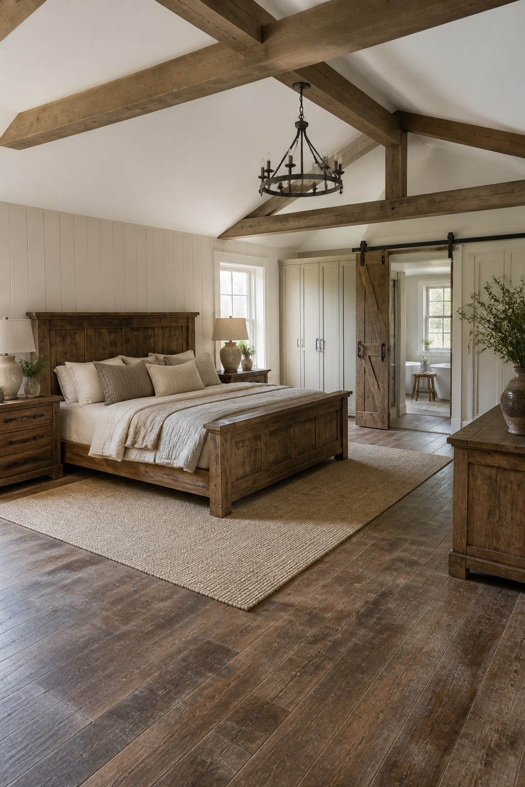 Farmhouse bedroom featuring a reclaimed wood bed frame and rustic furniture.