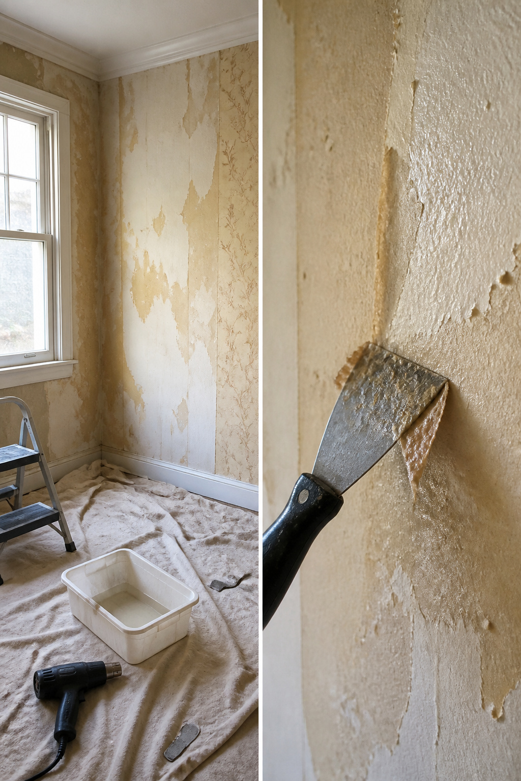 Putty knife lifting wallpaper backing from the wall.