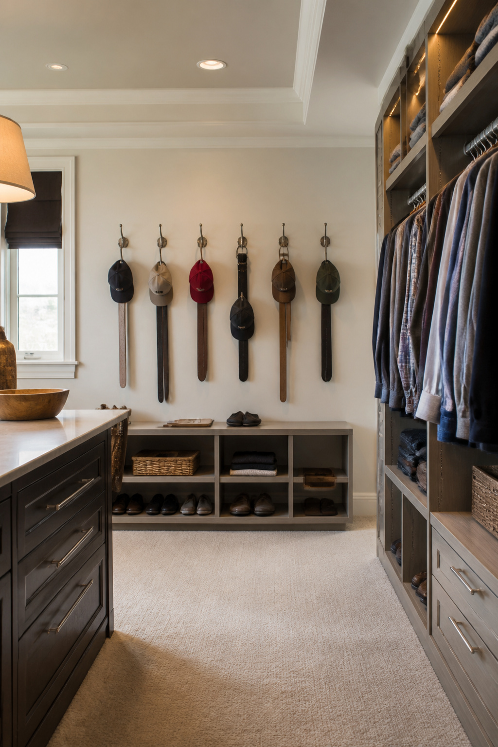Various wall-mounted hooks displaying belts and accessories.