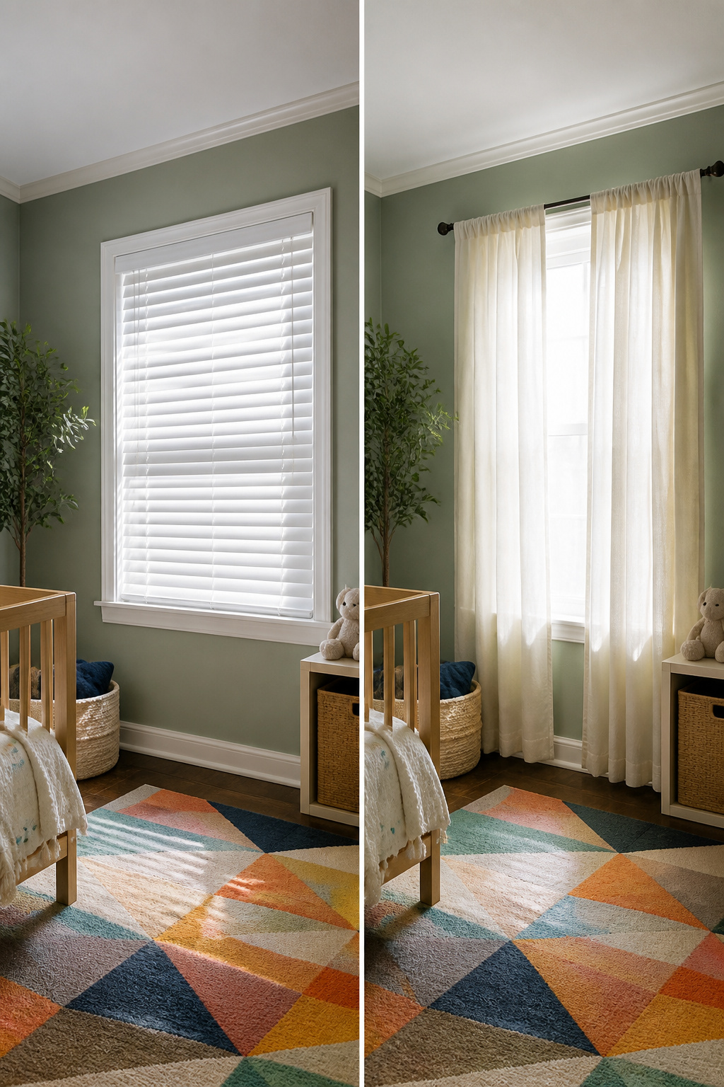 Cordless wood blinds installed in a nursery window.