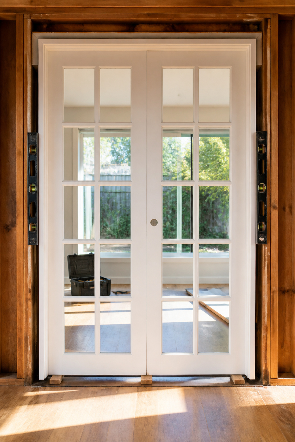 A level ensures the door frame is plumb in the rough opening.