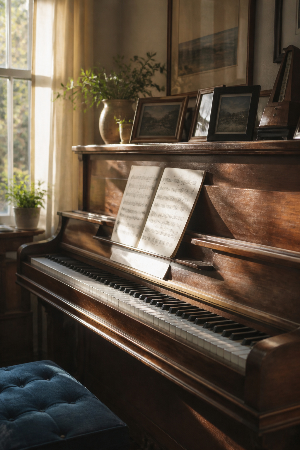 A close-up of a wooden piano with sheet music and family photographs.