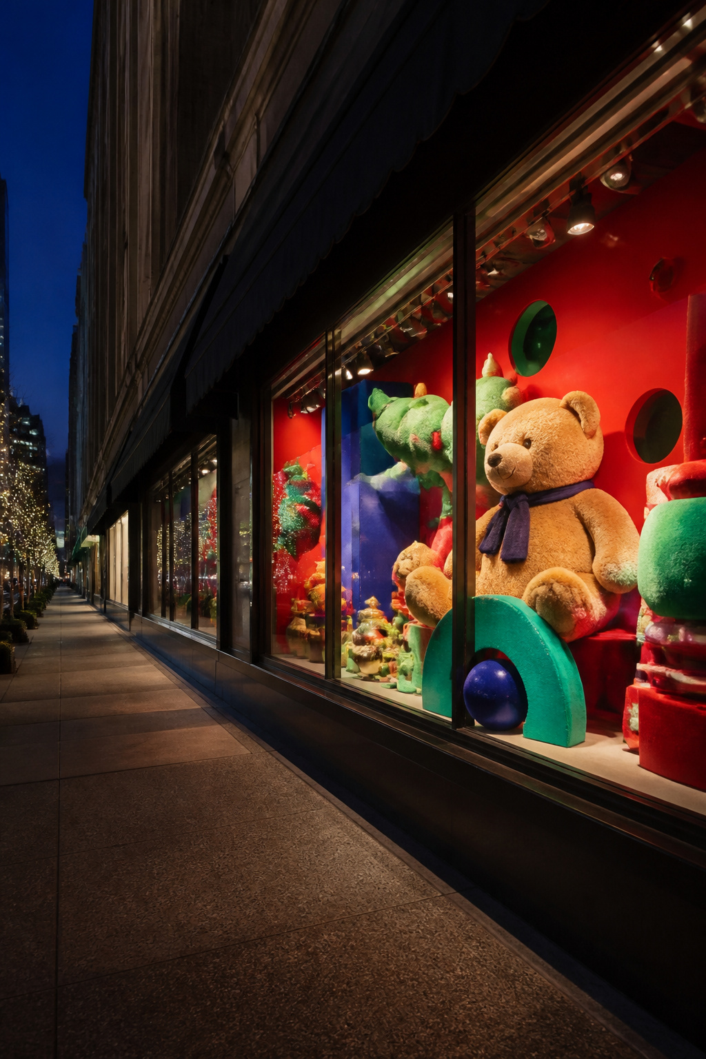 Colorful holiday window display at Bloomingdale's with oversized elements.