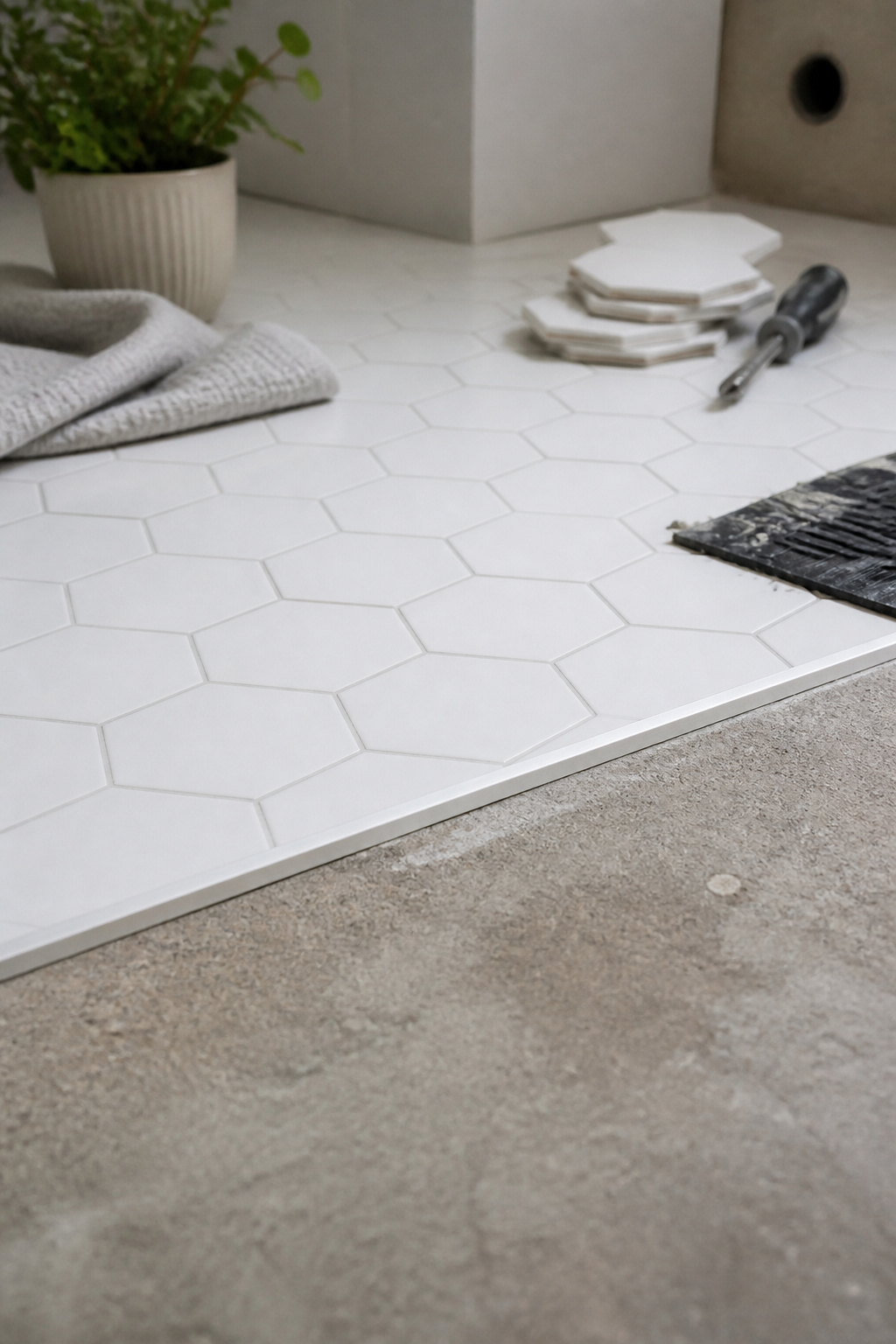 White Hexagon Tile Floor: Materials, Specs and Installation Guide 4 Close-up of Laticrete L-Shape Edge Profile at tile transition.